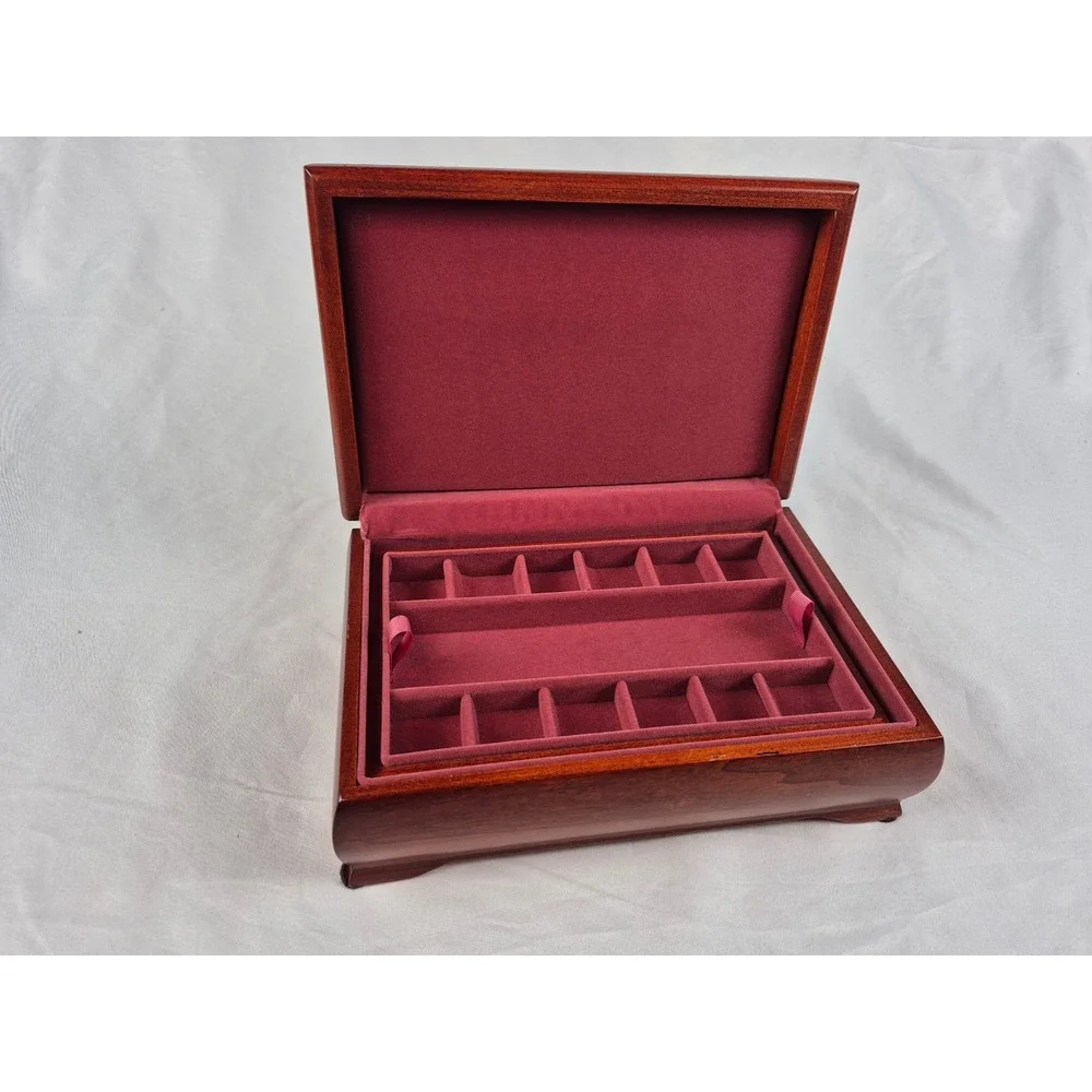 Eureka Reed & Barton Mahogany Jewelry Box Lift-Out Tray Made USA Velvet Lined